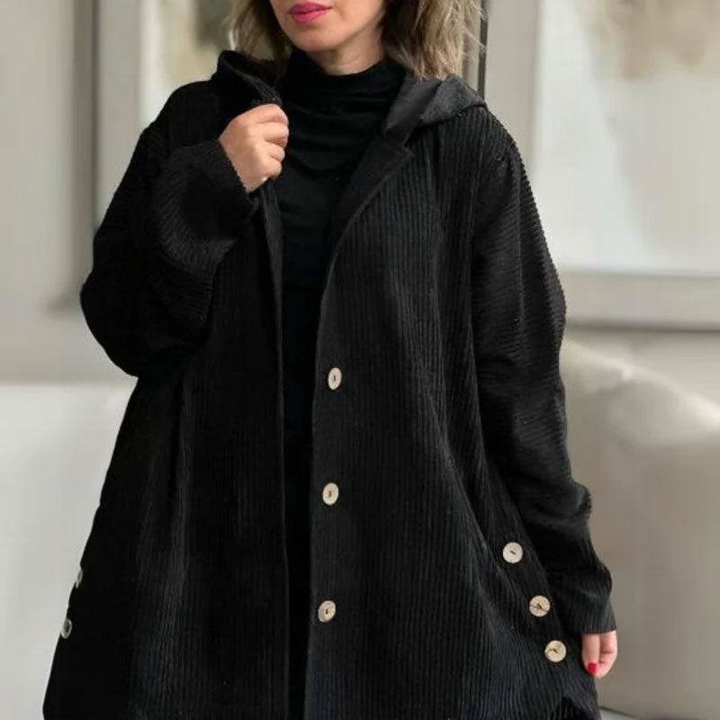 Sofia™ | Cappotto Nero Donna in Velluto con Cappuccio Elegante