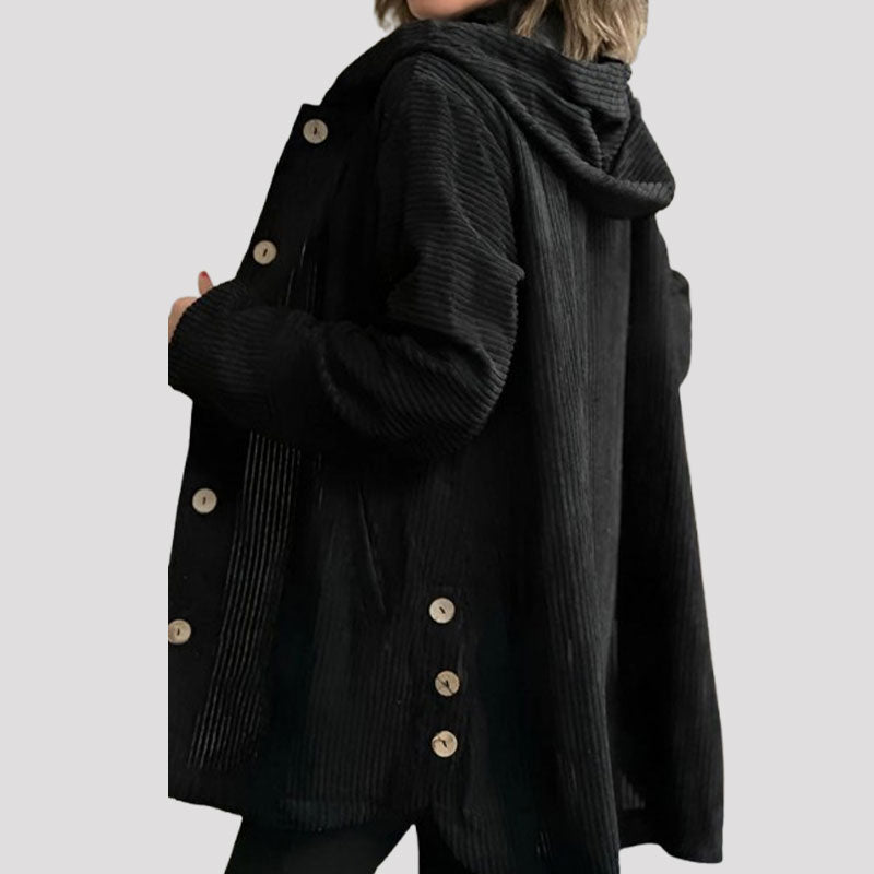 Sofia™ | Cappotto Nero Donna in Velluto con Cappuccio Elegante