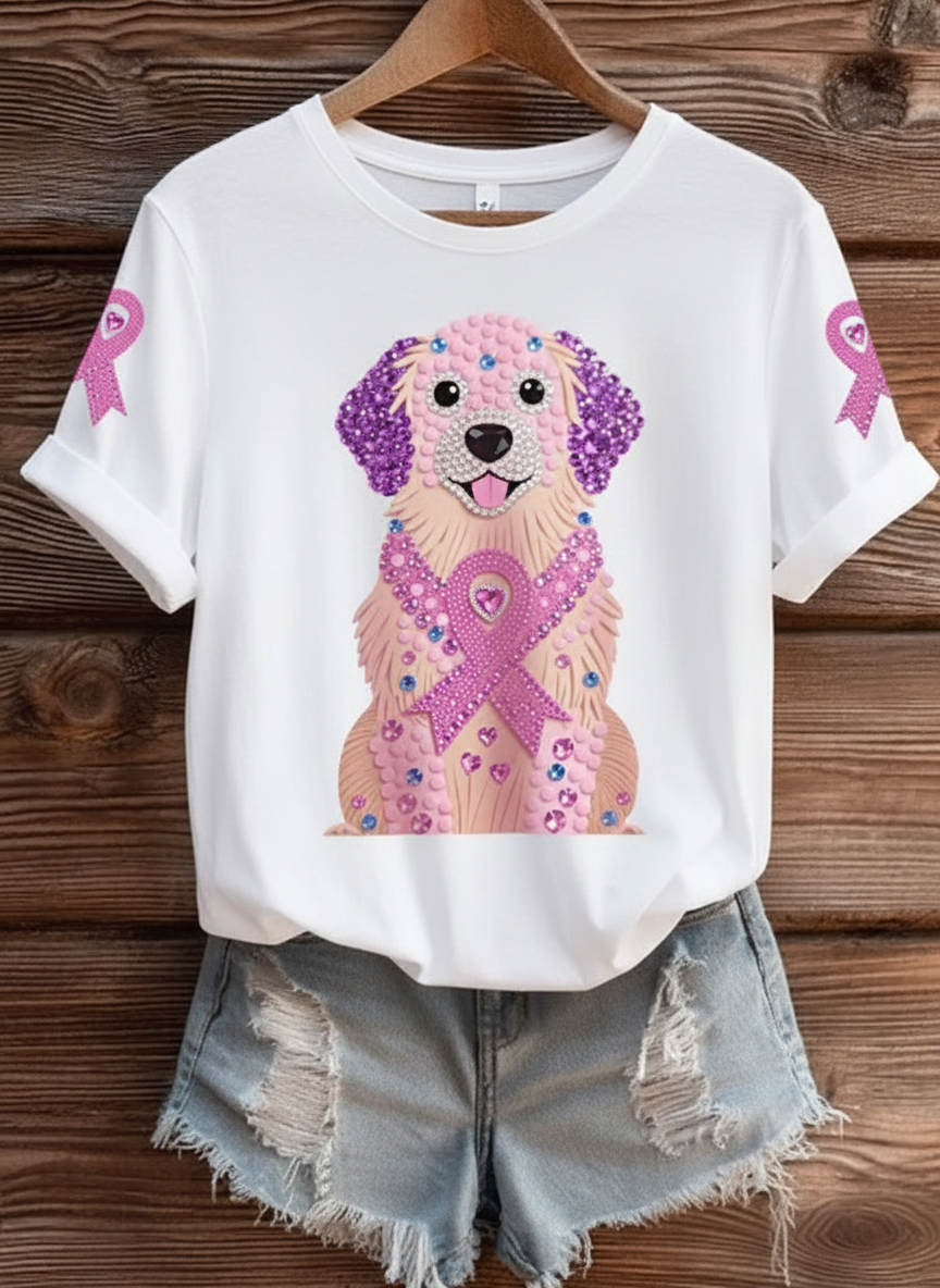 Sofia™ | Maglietta Donna Elegante con Ricamo di Cane e Nastro Rosa 0